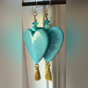 Blue Heart Earrings with Gold Tassels